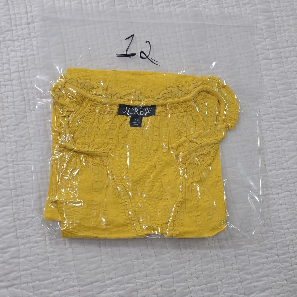 J Crew Ruffle V-Neck Blouse XL Butter Yellow Cotton Textured Short Sleeve Top - Picture 15 of 15